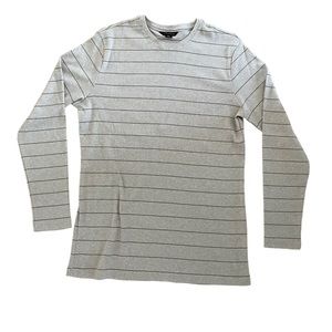 STRUCTURE FINE RIBBED STRIPED CREW NECK SWEATER Size L Oatmeal with Olive Stripe